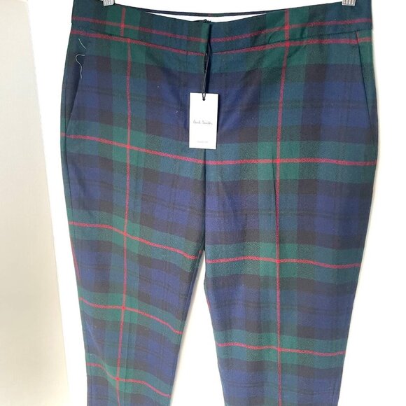 Paul Smith Wool Tartan Pant Womens 10/46 Blue Green Tapered Slim Tailored Fall - Picture 9 of 10